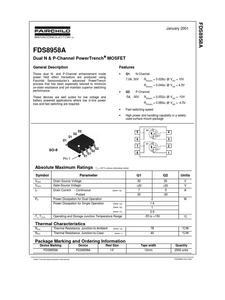 Fds8958A: Dual N & P-Channel Powertrench Mosfet | PDF | Field Effect ...