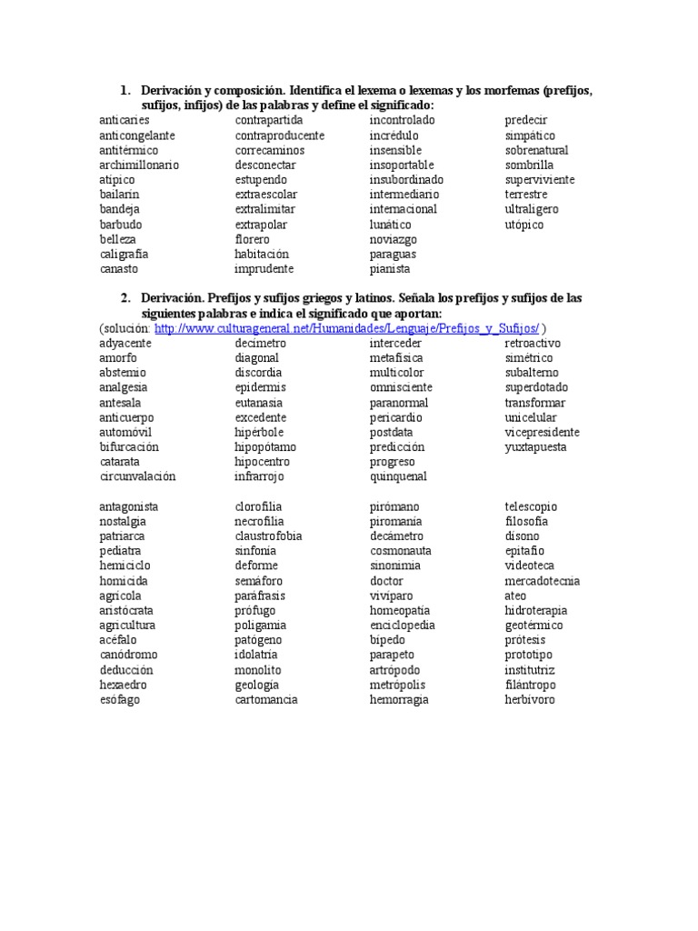 Actividades de Prefijos y Sufijos Grecolatinos