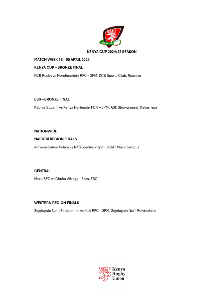 Kenya Cup 2024/25 Match Week 18 Schedule | PDF