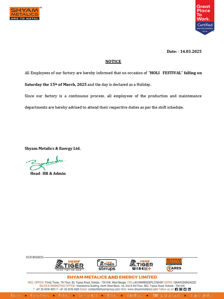 Holiday Notice for Holi Festival 2025 | PDF