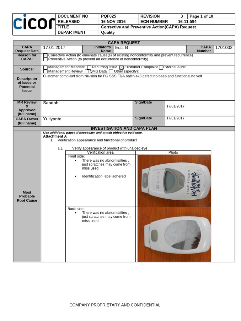 CAPA - Engineering Investigation Report - Comp-2016-44733 SPA Wasn't ...