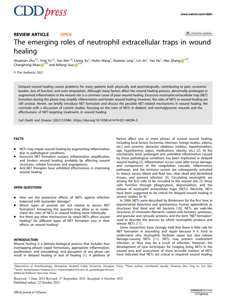 The Emerging Roles of Neutrophil Extracellular Traps in Wound | PDF ...
