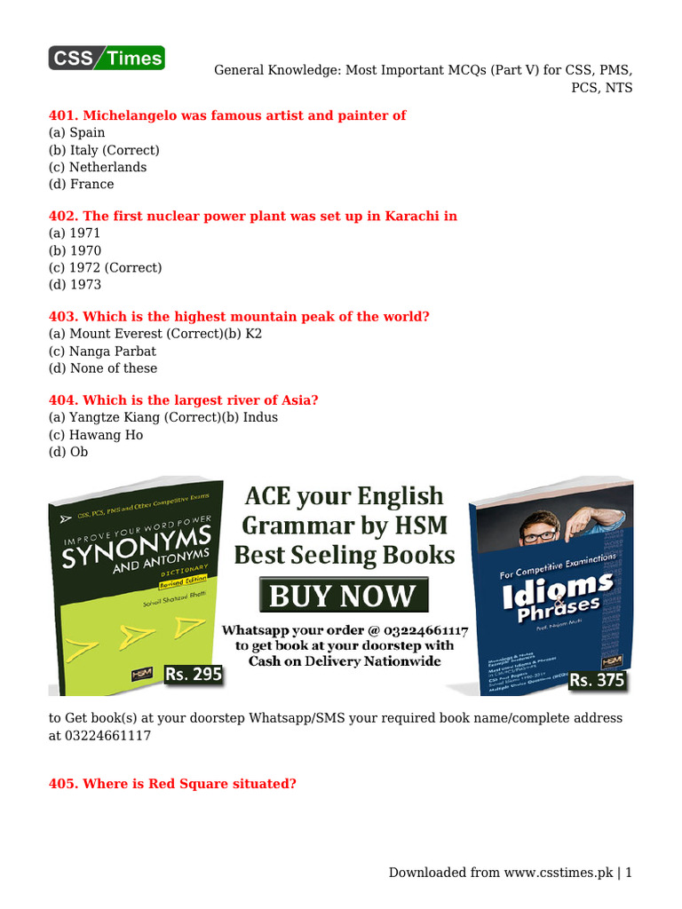 General Knowledge - Most Important MCQs (Part V) For CSS, PMS, PCS, NTS ...