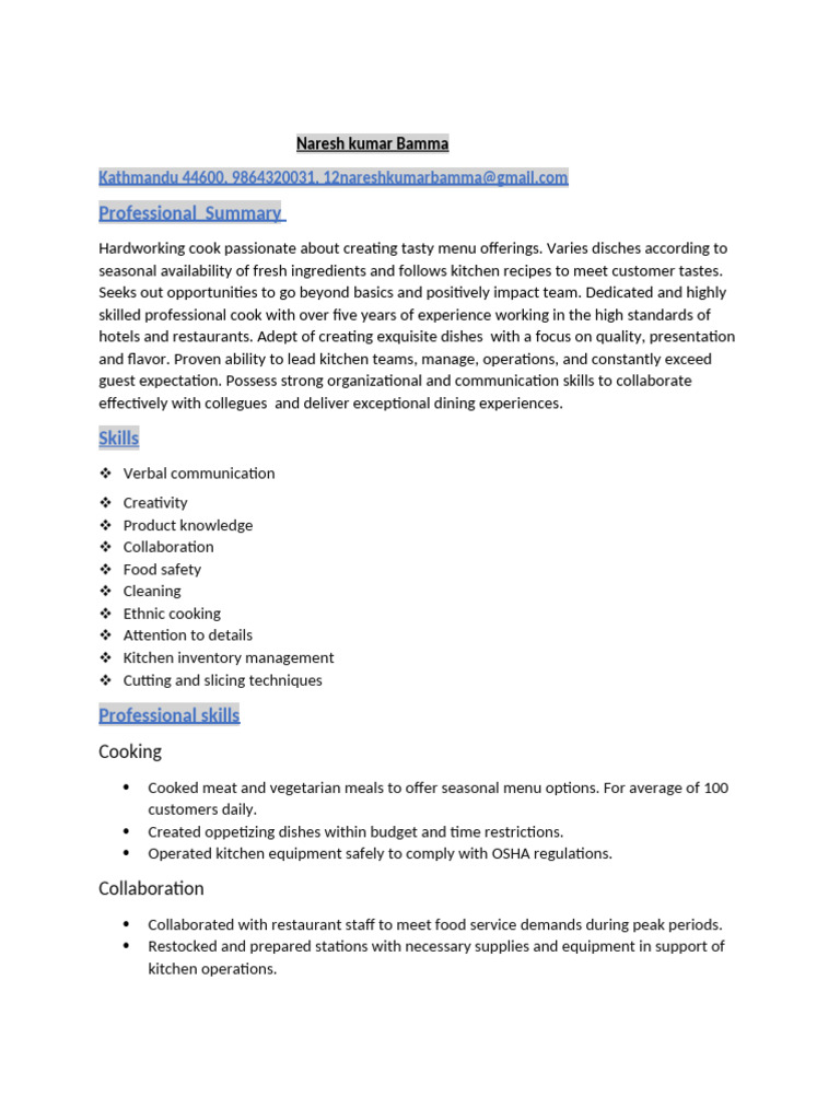 Experienced Cook with Culinary Skills | PDF