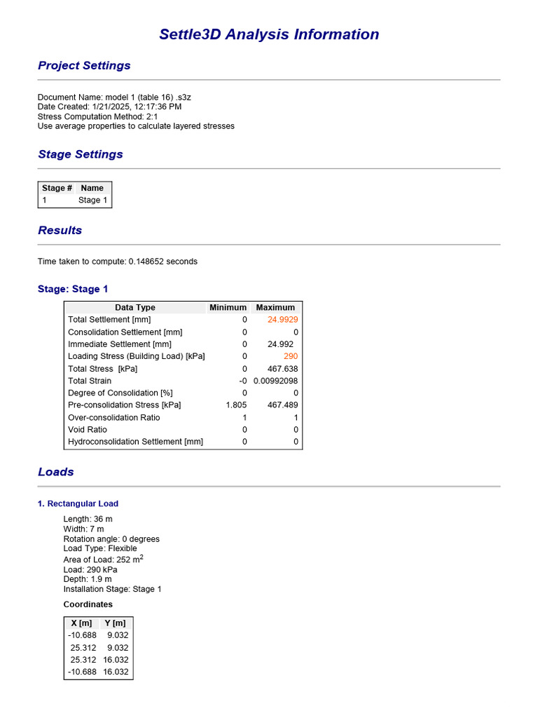 Settle3D Model 1 Settlement Analysis | PDF | Stress (Mechanics) | Mechanics