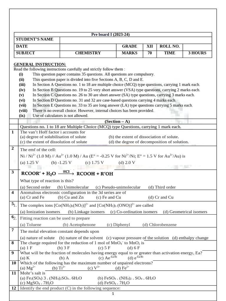 Pre Board Class 12 Set 1 | PDF | Aldehyde | Denaturation (Biochemistry)