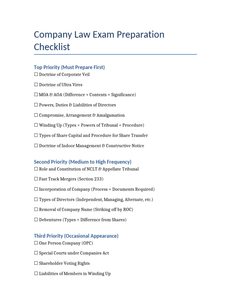 Company Law Exam Prep Checklist | PDF