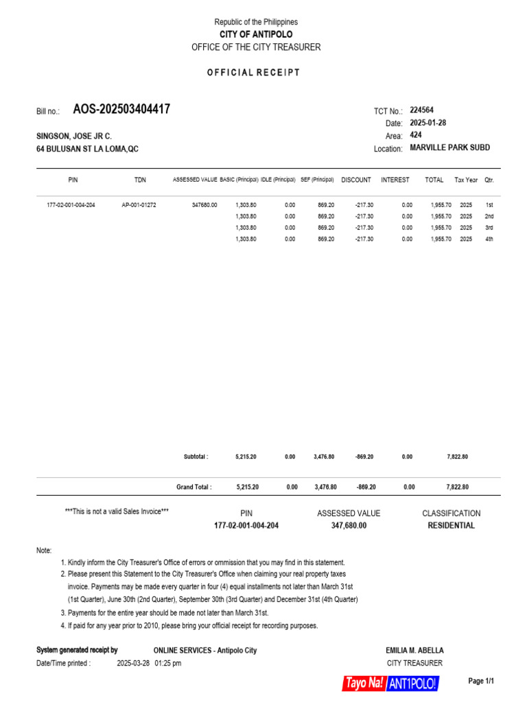 Billing Statement AP-001-01272 | PDF | Receipt | Taxes