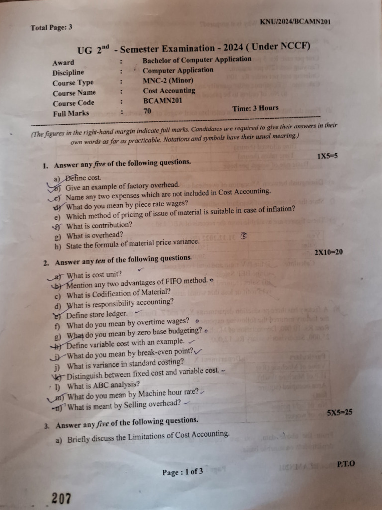 Cost Accounting Question Paper 2024 | PDF | Financial Accounting ...