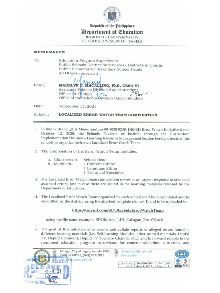 Error Watch Comm Memo | PDF