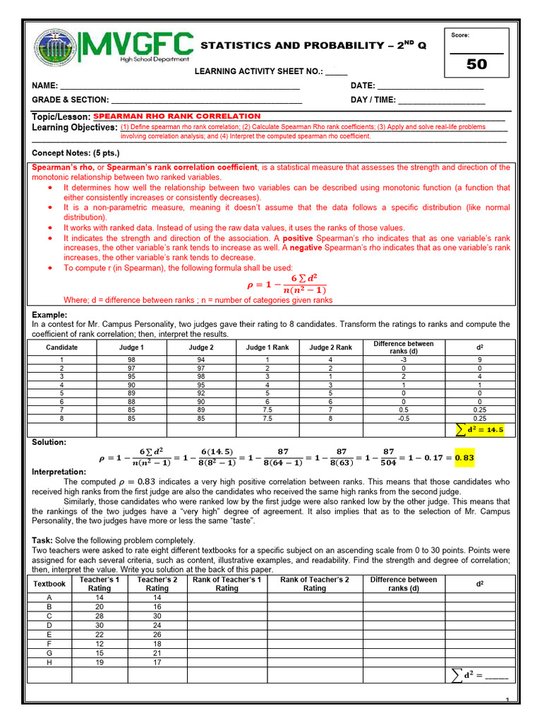 Spearman's Rho Rank Correlation Guide | PDF | Spearman's Rank ...