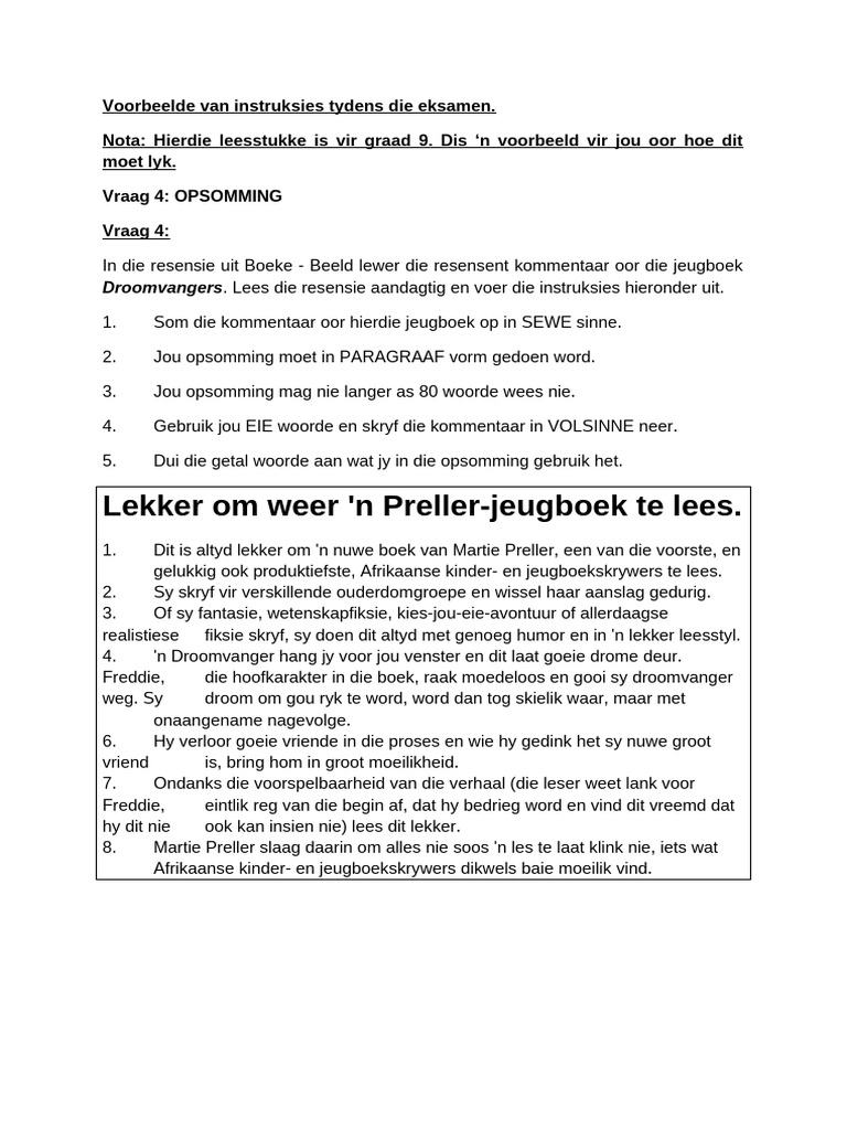 GR 9 AFR - Opsomming - Voorbeelde Van Instruksies Tydens Die Eksamen | PDF
