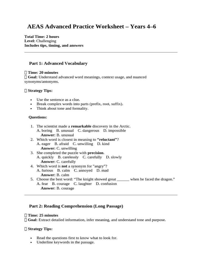 AEAS Advanced Practice Worksheet 4-6 | PDF | Reading Comprehension ...