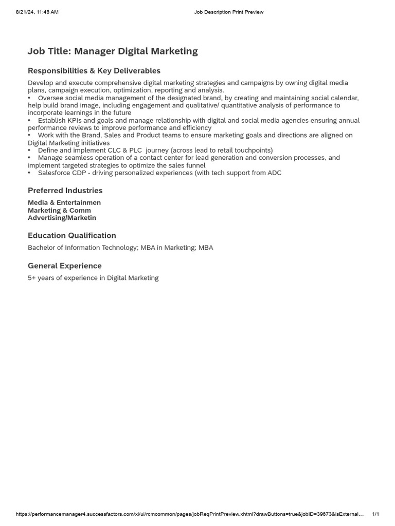 Job Description - Manager Digital Marketing | PDF