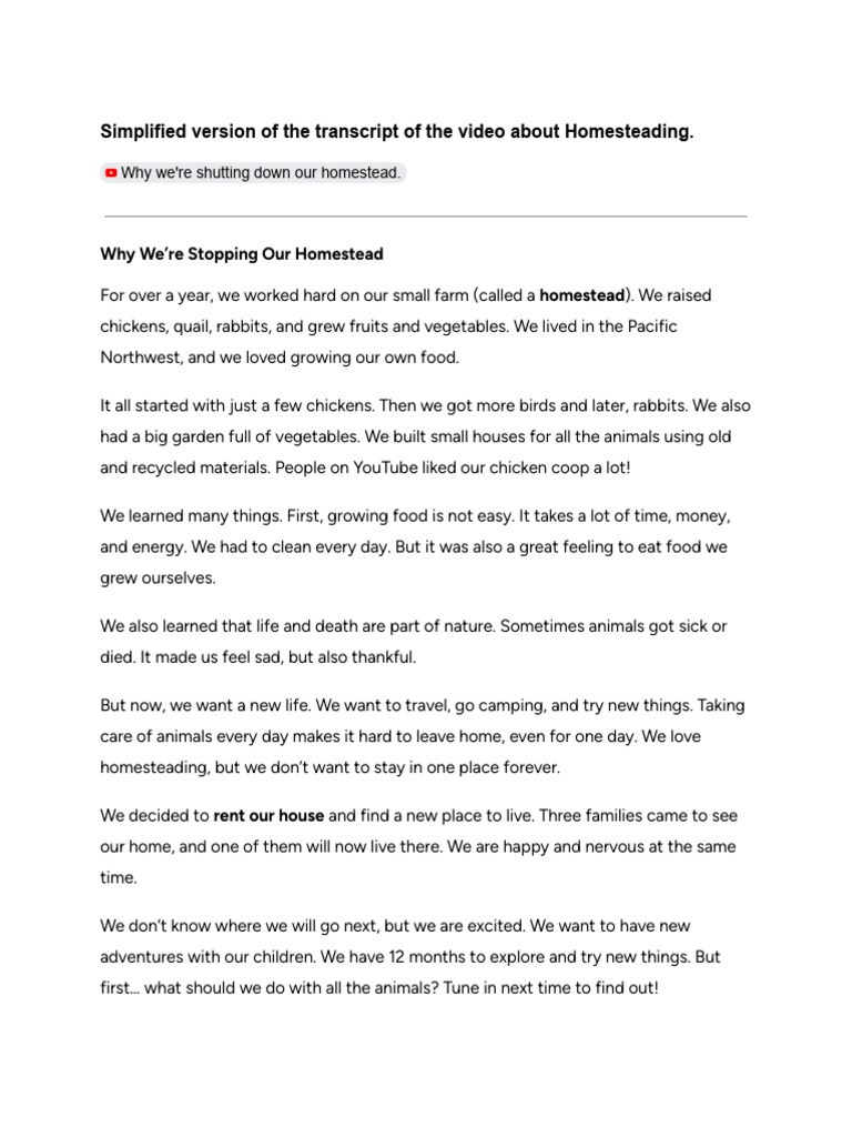 Simplified Version of The Transcript of The Video About Homesteading | PDF