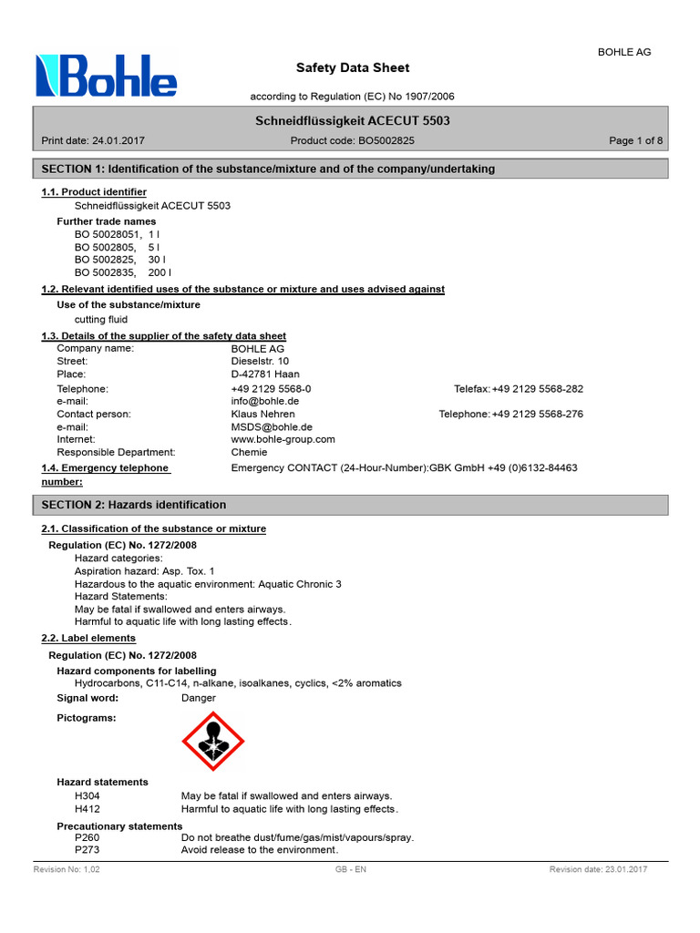 ACECUT 5503 Safety Data Sheet | PDF | Toxicity | Occupational Safety ...