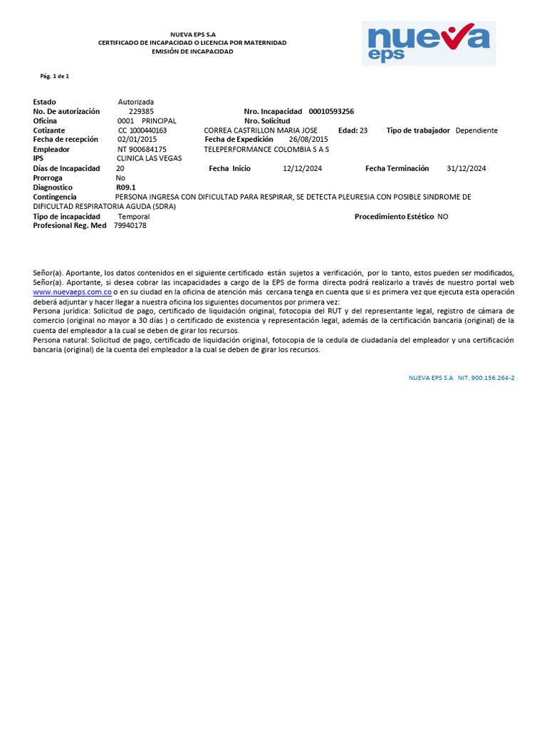 Certificado de Incapacidad Nueva EPS | PDF