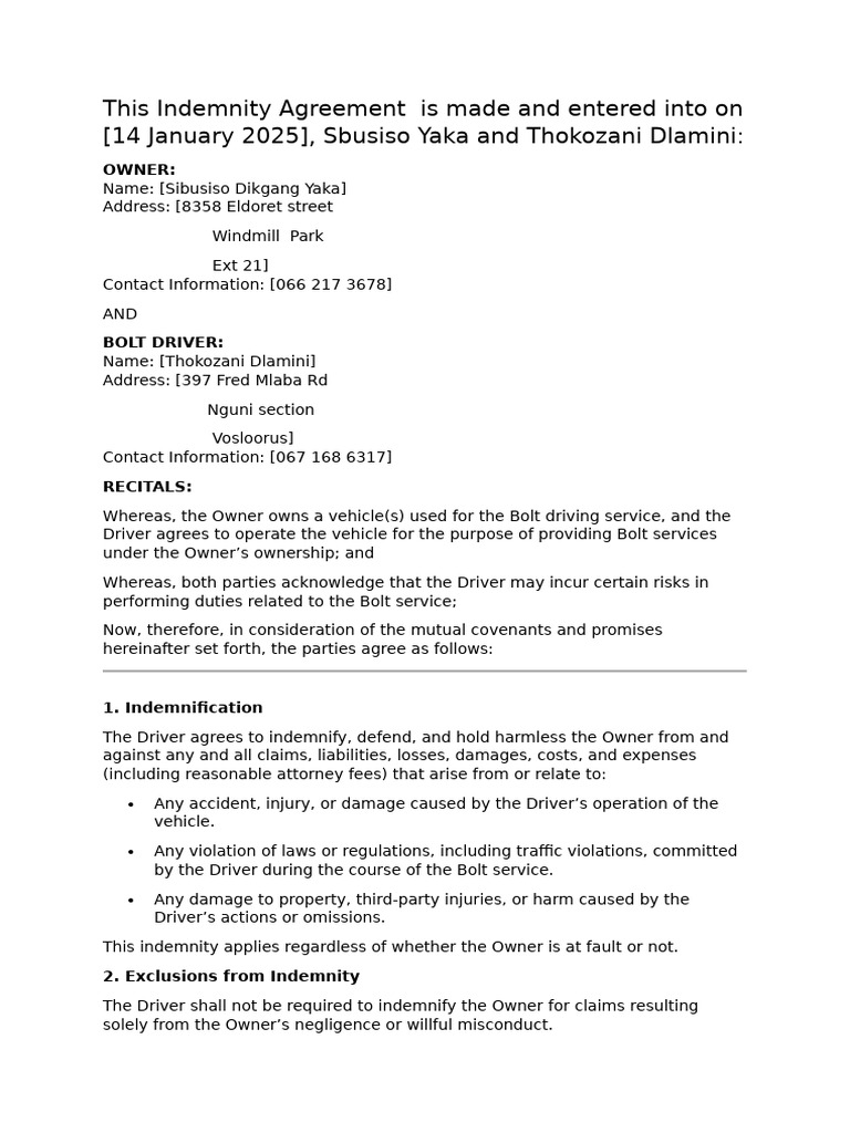 Indemnity Agreement for Bolt Drivers | PDF | Indemnity | Private Law