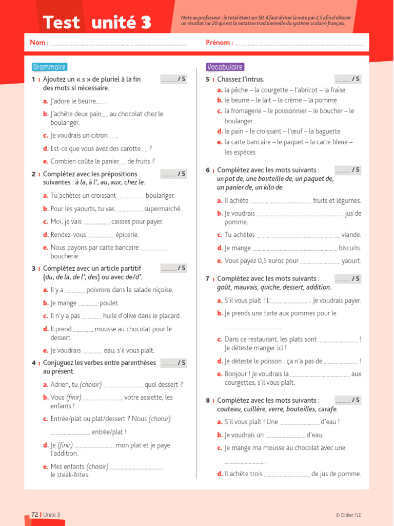 Test Unité 3 : Grammaire et Vocabulaire | PDF | Nourritures | Cuisine