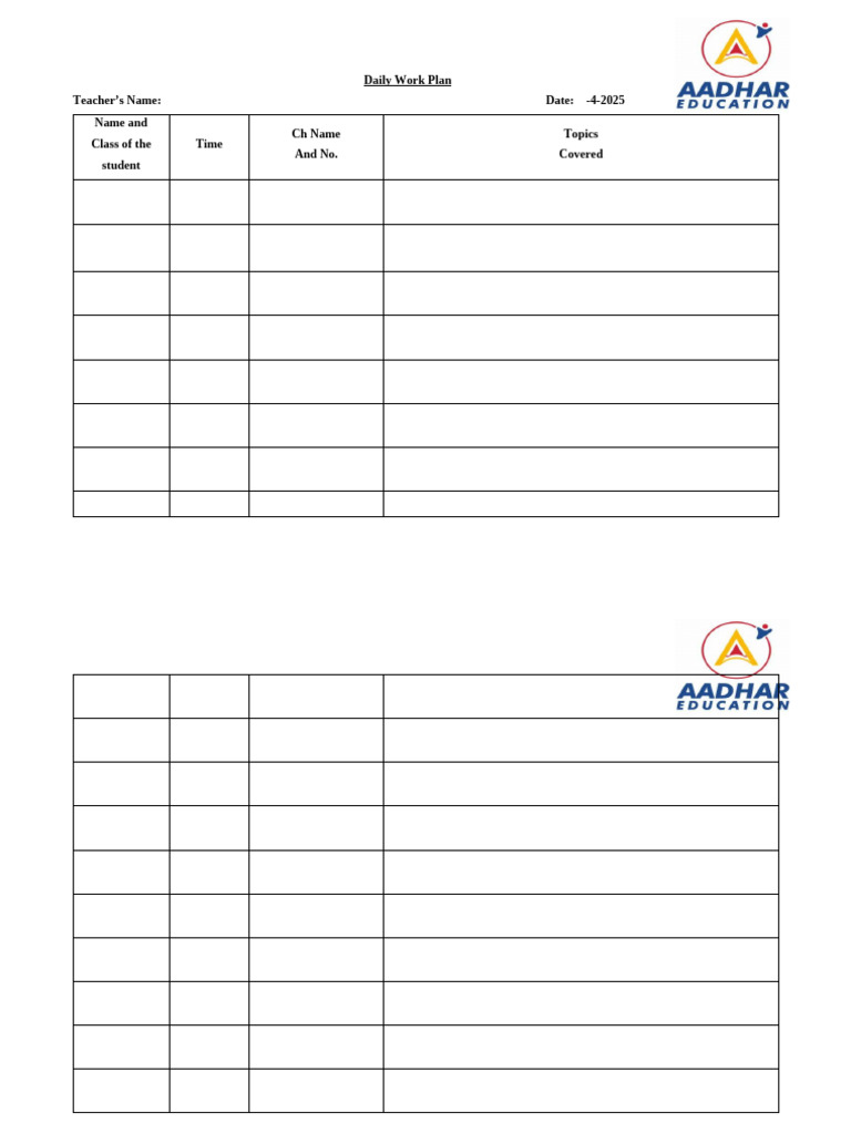 Daily Work Plan for Teachers | PDF