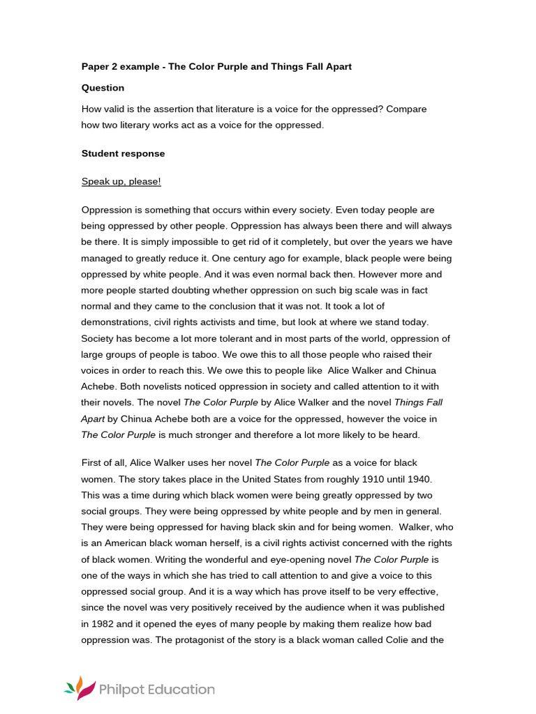 IB English A P2 example - Color Purple and Things Fall Apart | PDF