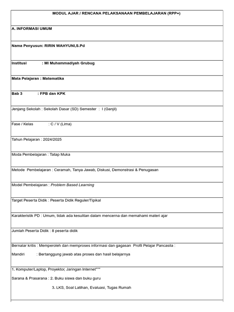 Modul Ajar Matematika Kelas 5 FPB & KPK | PDF