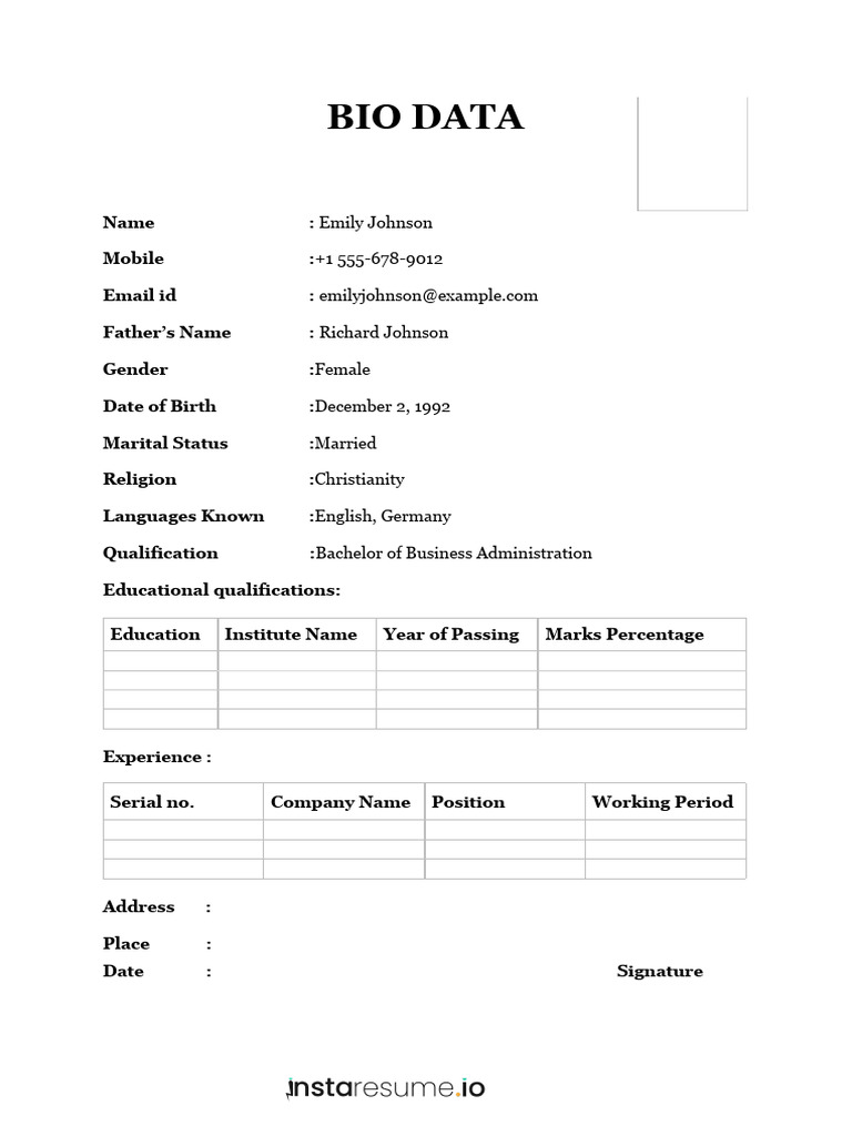 Job Application Biodata Sample | PDF