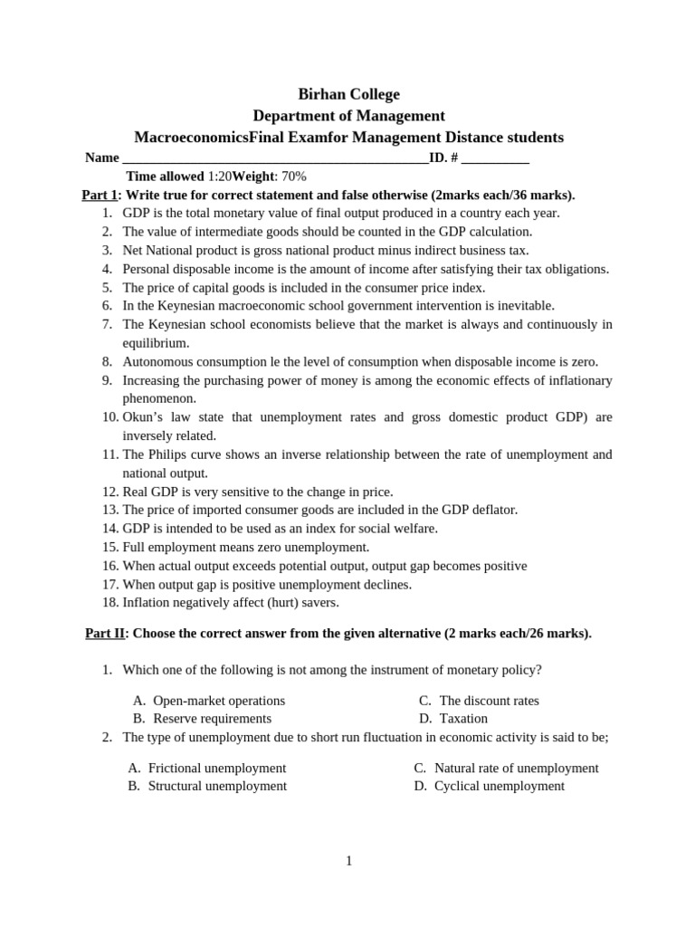Macroeconomics Final Exam for Students | PDF | Gross Domestic Product ...