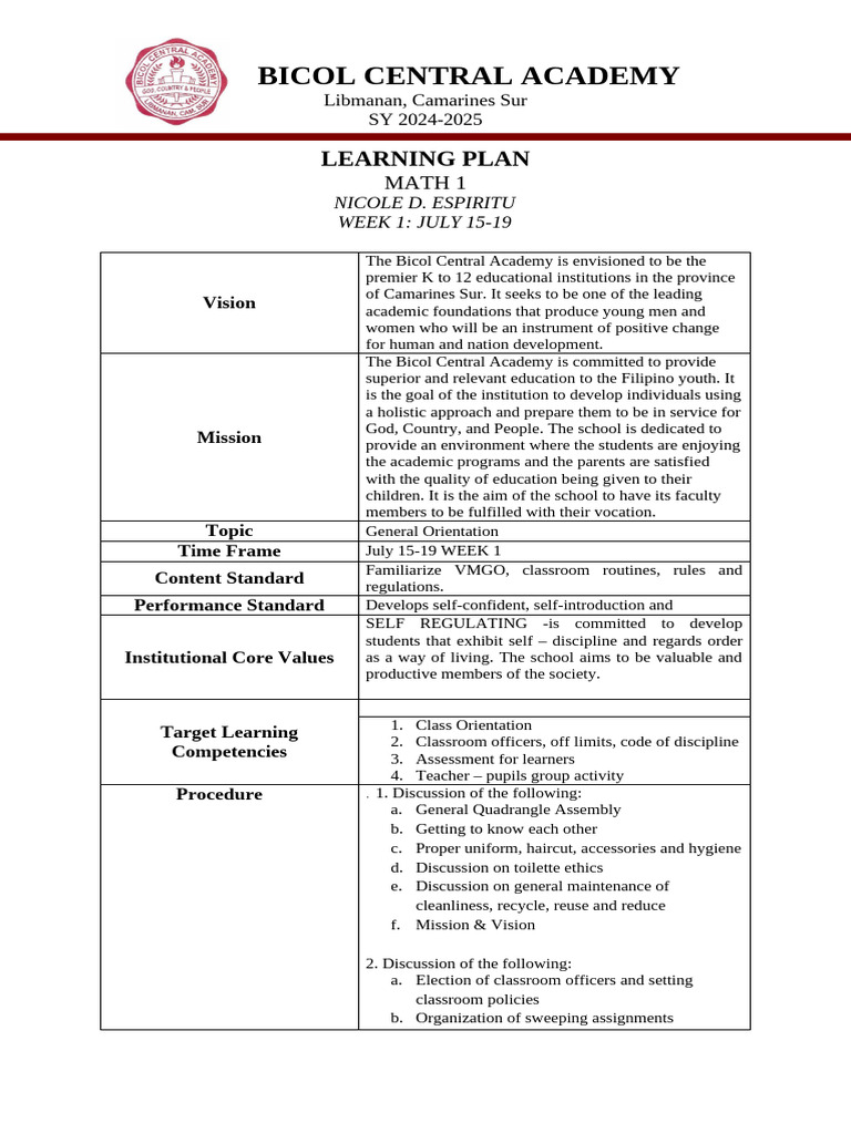MATH 1 (Week 1-35) | PDF | Teachers | Learning