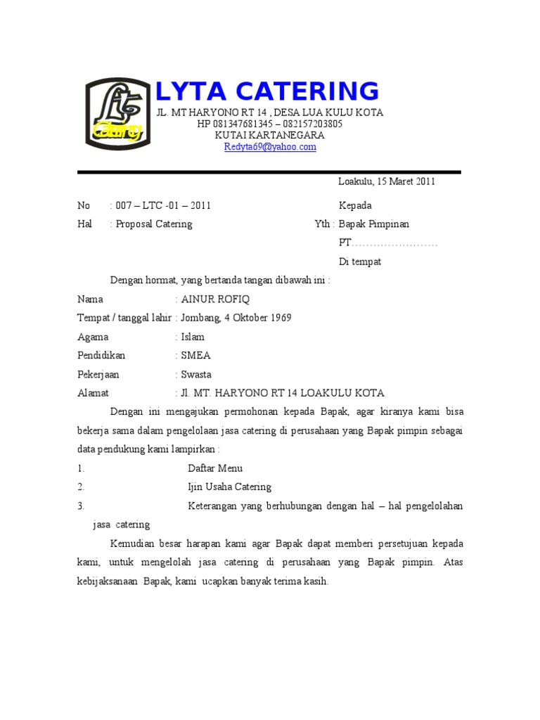 Contoh Surat Memohon Catering Makanan