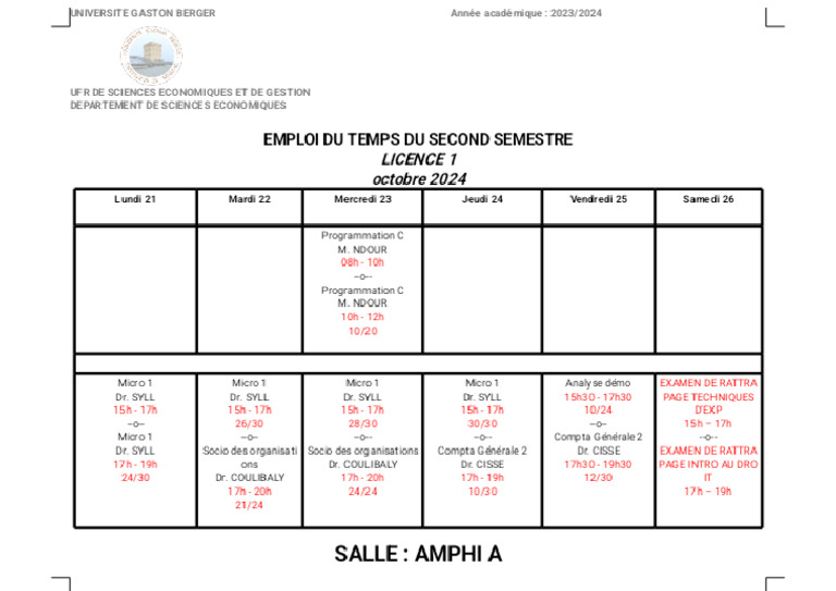 Emploi Du Temps Au 21 Au 26 Oct 2024 L1 Phoenix | PDF