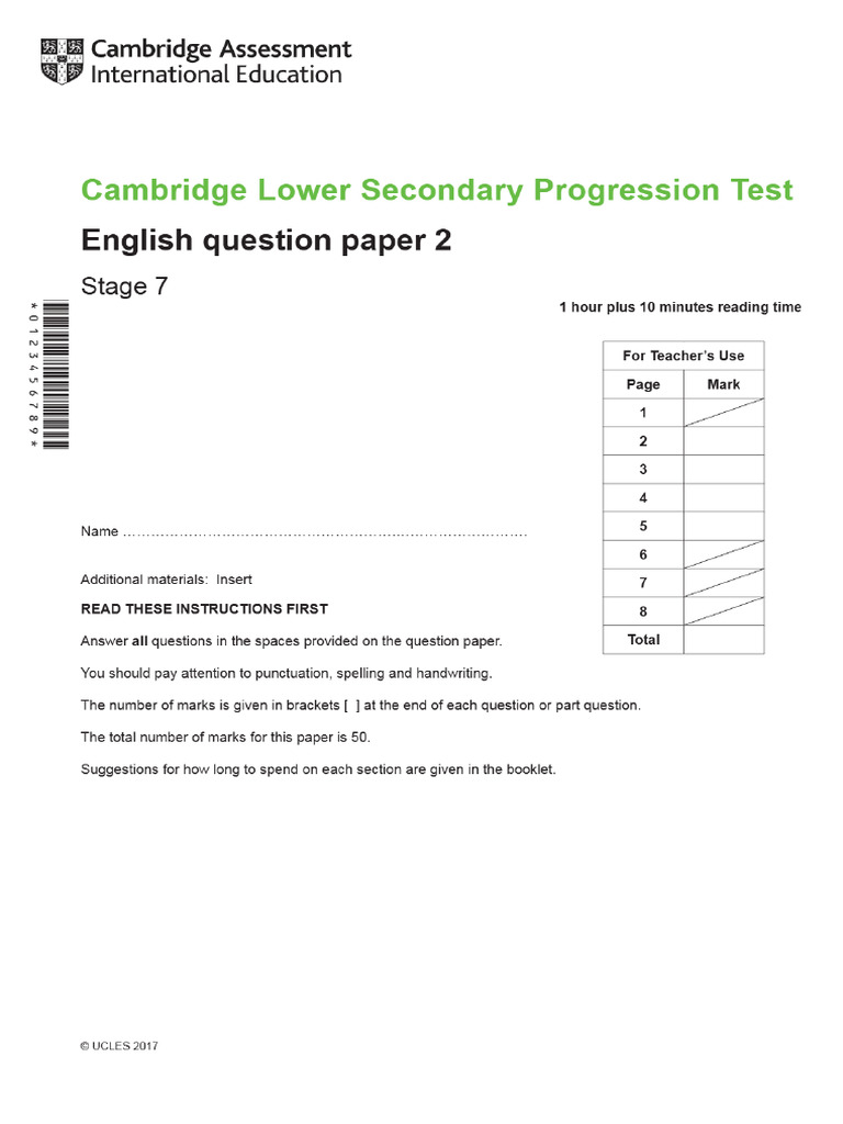 2018 Cambridge Lower Second Progression Tests English Stage 7 QP Paper ...