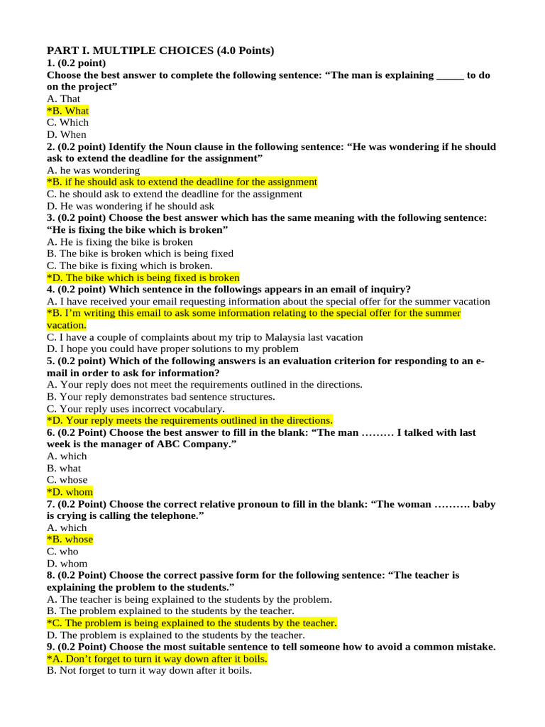 English Grammar Multiple Choice Questions | PDF | Sentence (Linguistics ...