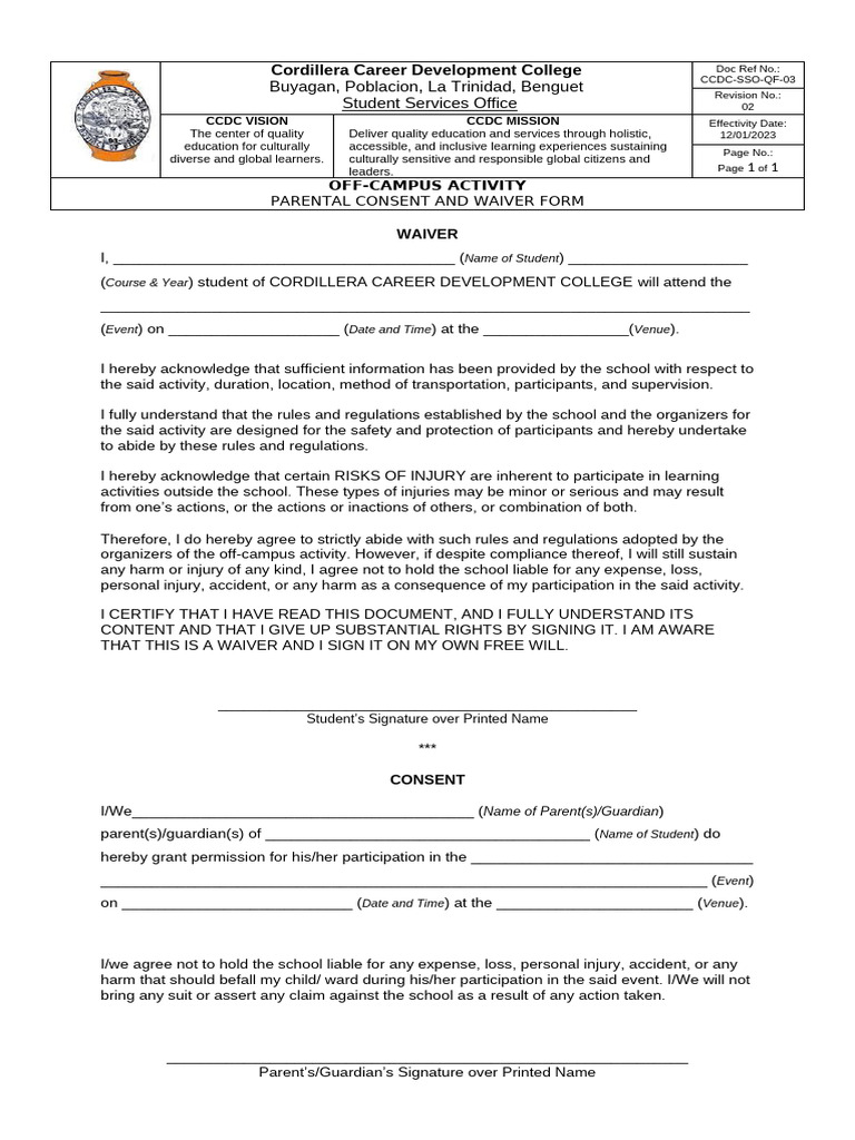 CCDC Off-Campus Activity Waiver Form | PDF