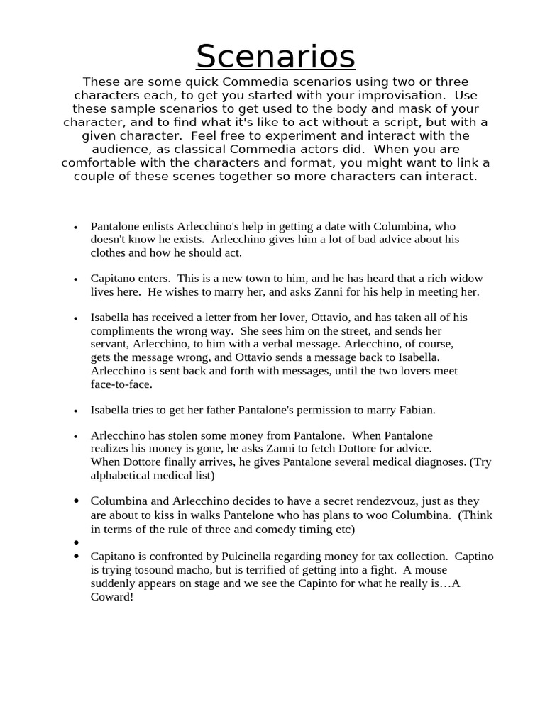 Commedia Scenarios for Improvisation | PDF | Commedia Dell'arte