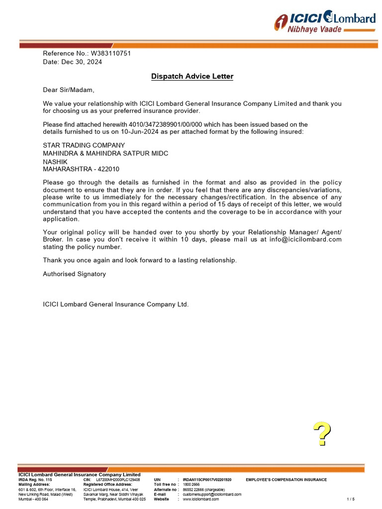 Dispatch Advice Letter: ICICI Lombard General Insurance Company Limited ...