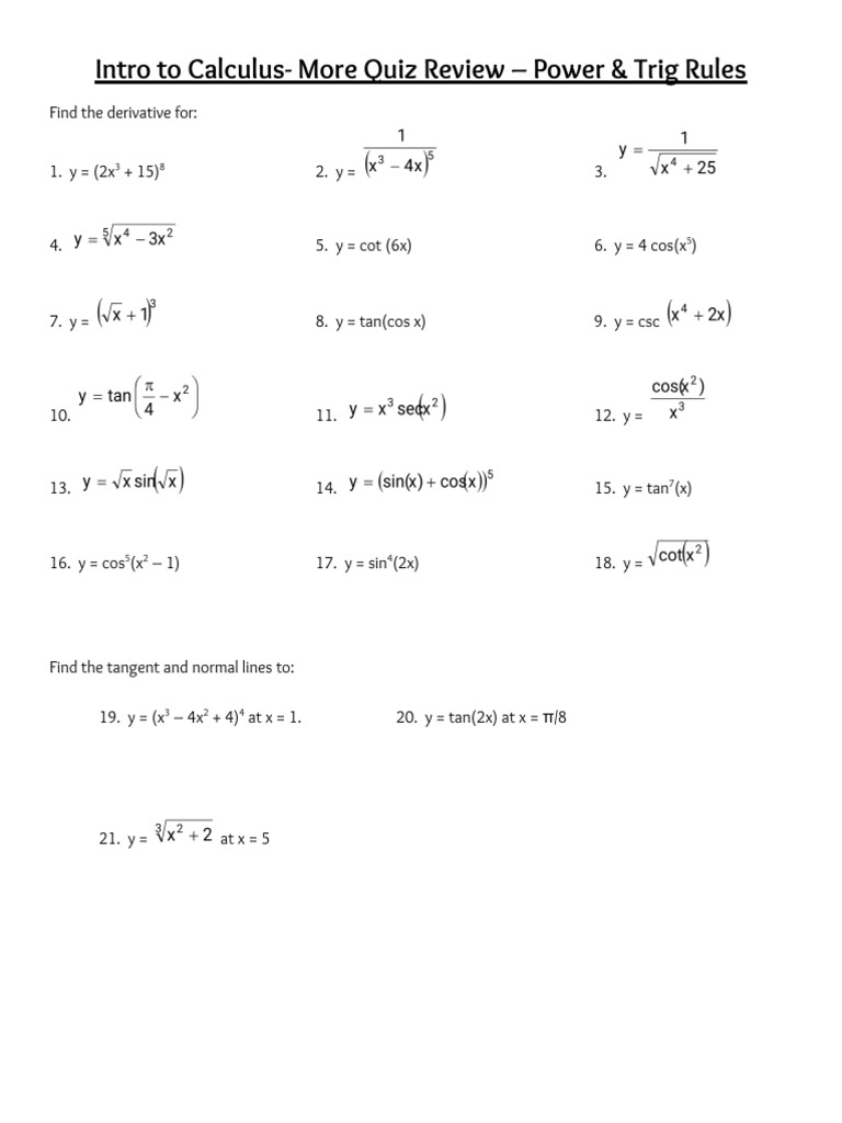 Calculus Quiz: Derivatives & Tangents | PDF | Tangent | Differential ...