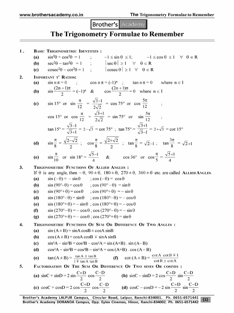 The Trigonometry Formaulae To Remember | PDF