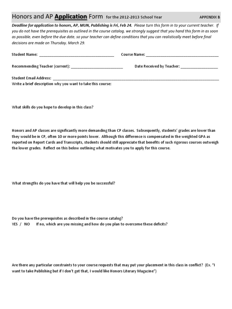 Honors and AP Application Form 2012-2013 | PDF | Advanced Placement ...