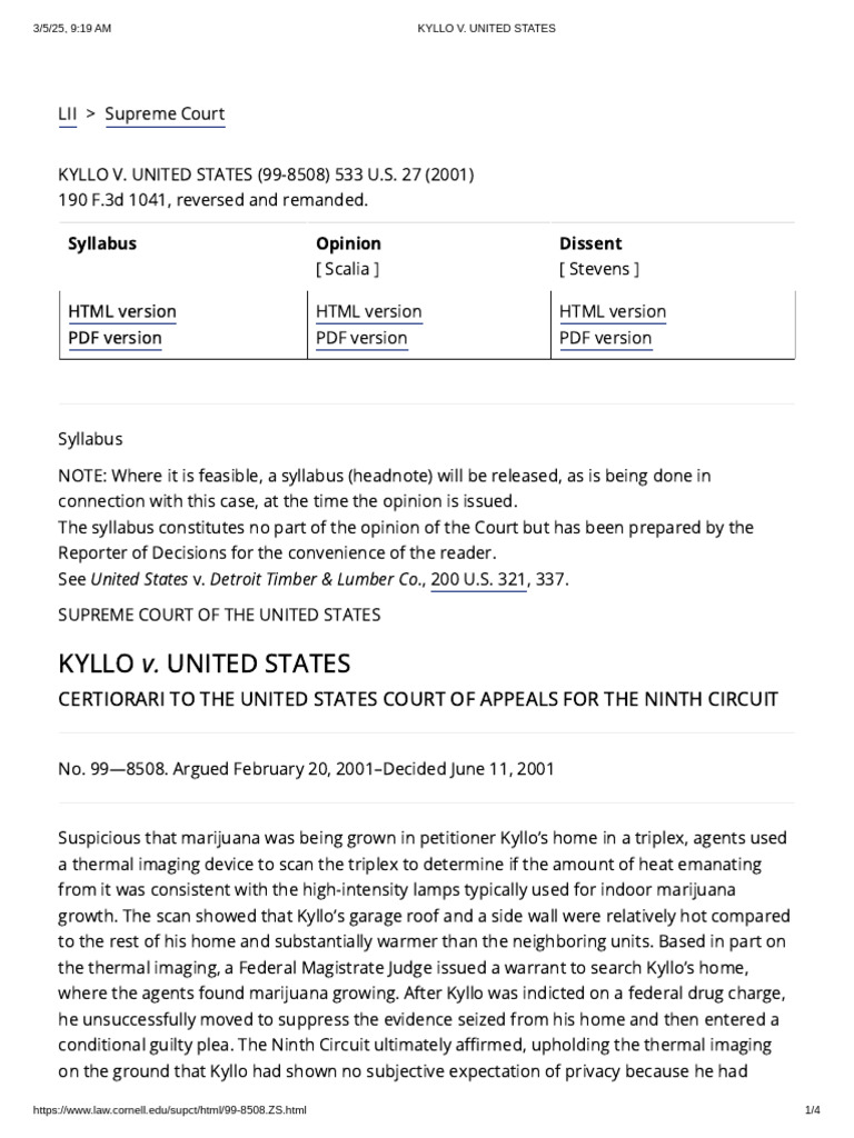 Kyllo v. United States Case Summary | PDF | Fourth Amendment To The ...