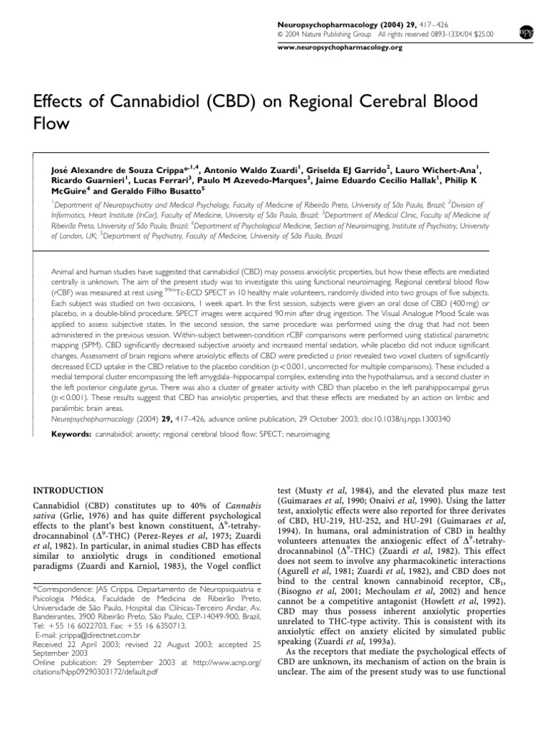 Crippa 2004 Effects of Cannabidiol CBD On Regio | PDF | Cingulate ...
