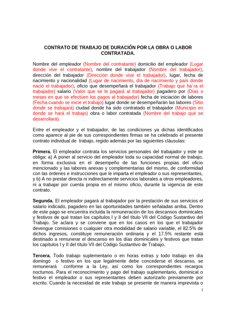 Contrato de Trabajo por Obra o Labor | PDF | Salario | Derecho laboral
