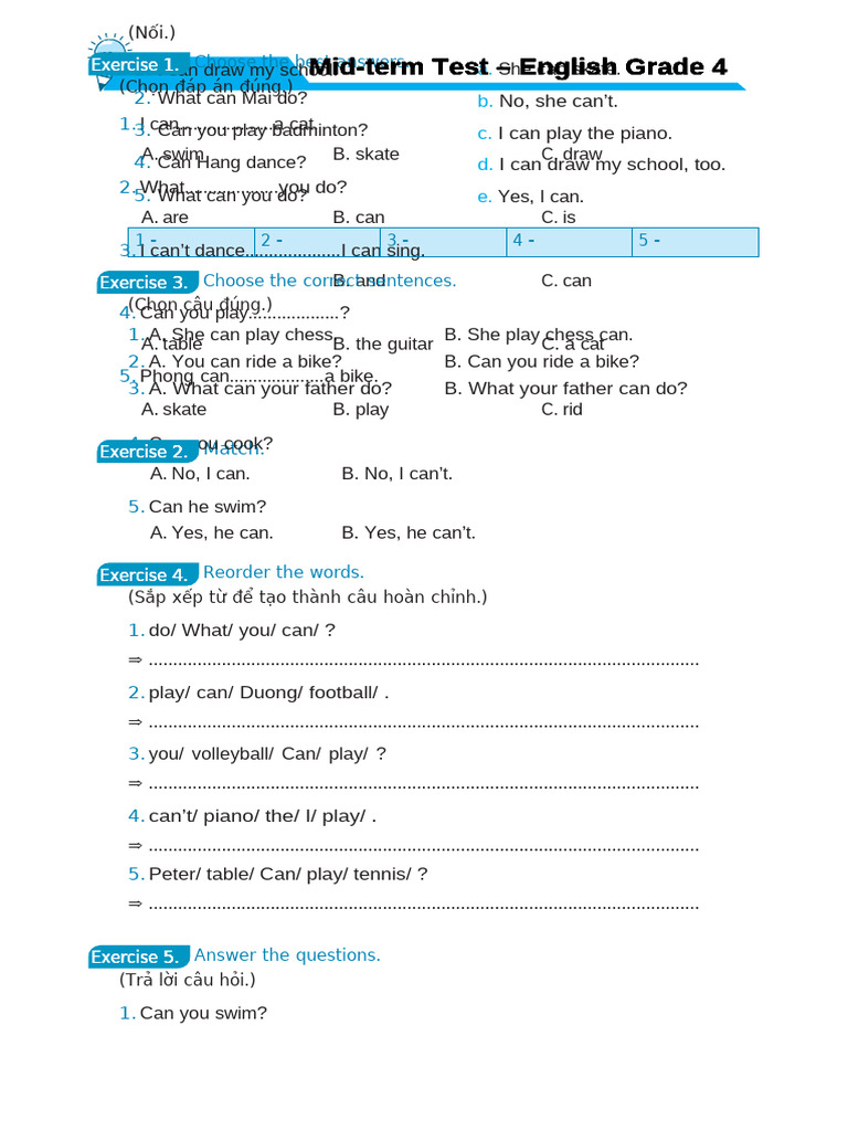 Mid Term Test English Grade 4 Pdf Vietnam