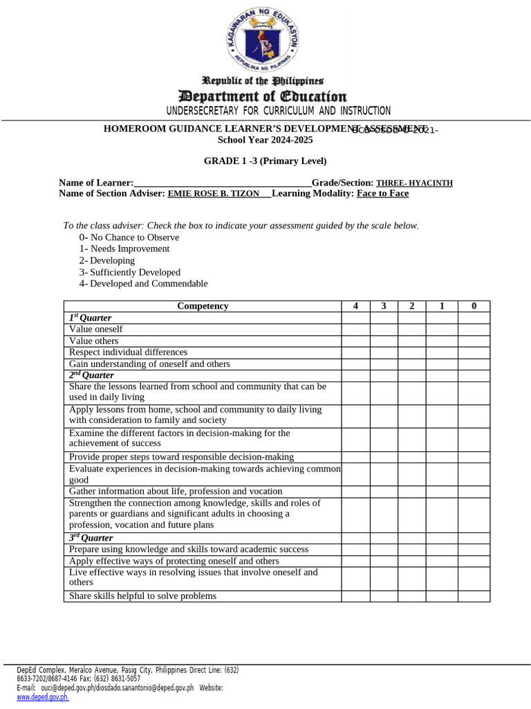 Homeroom Guidance Assessment Template | PDF | Learning | Decision Making