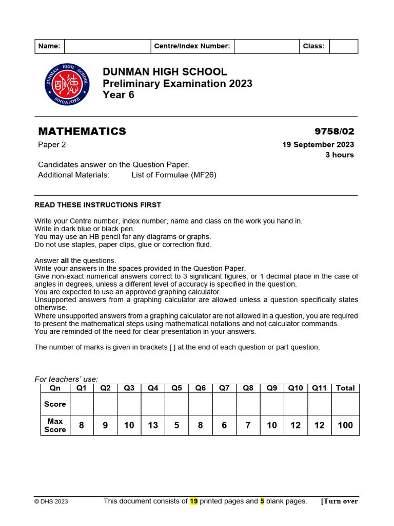 Year 6 H2 Math Exam Paper 2023 | PDF | Weighted Arithmetic Mean ...