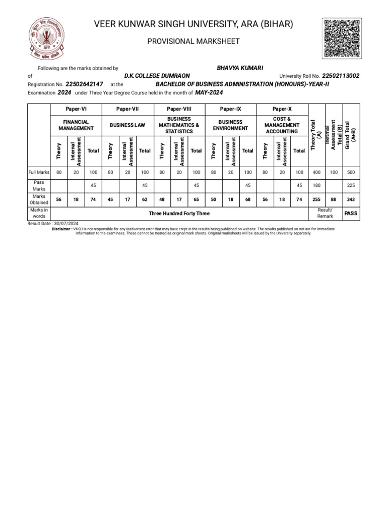 DK College Dumraon Provisional Marksheet | PDF