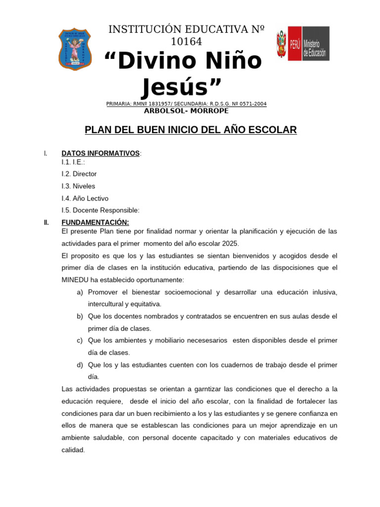 Plan Del Buen Inicio Del Año Escolar | PDF | Salón de clases | Escuelas
