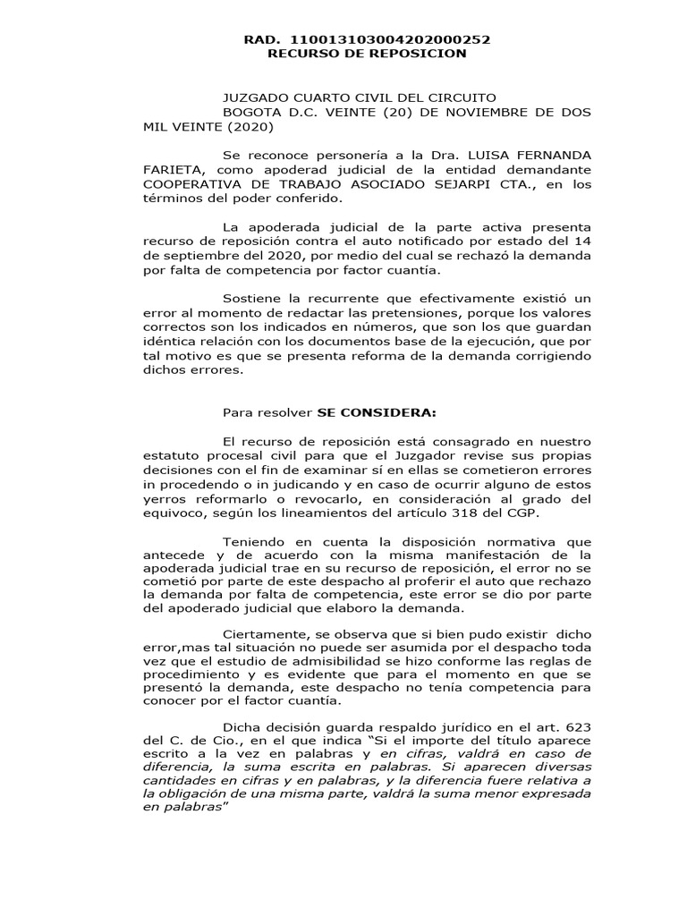 Recurso de reposición Sejarpi CTA | PDF | Justicia | Crimen y violencia