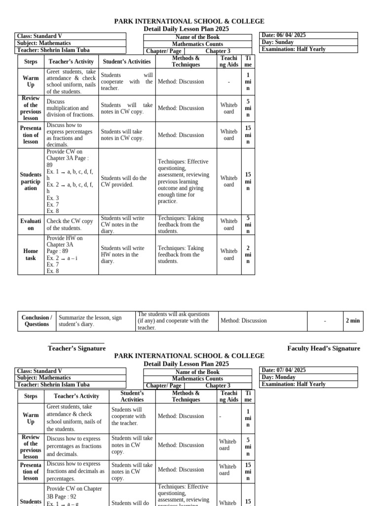 Daily Lesson Plan for Standard V Math | PDF | Mathematics | Teachers