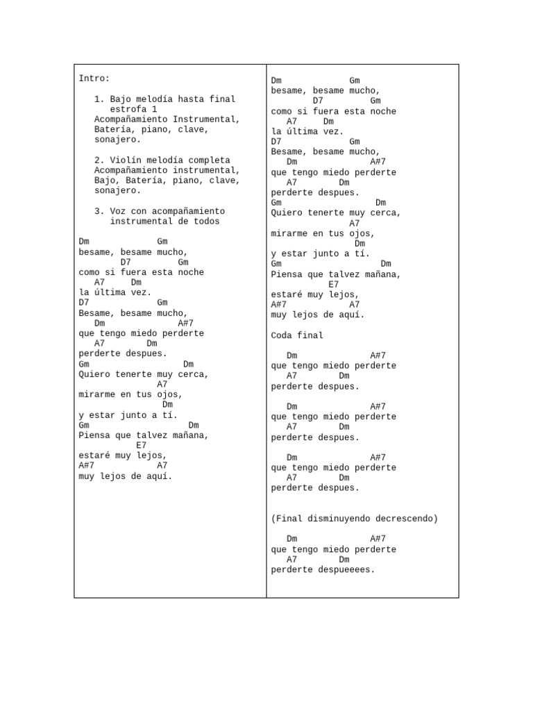 Acordes y letra de Bésame Mucho | PDF